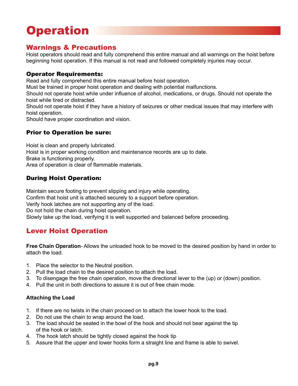 Operation | OZ Lifting Products Premium Lever Hoist OM User Manual | Page 9 / 20