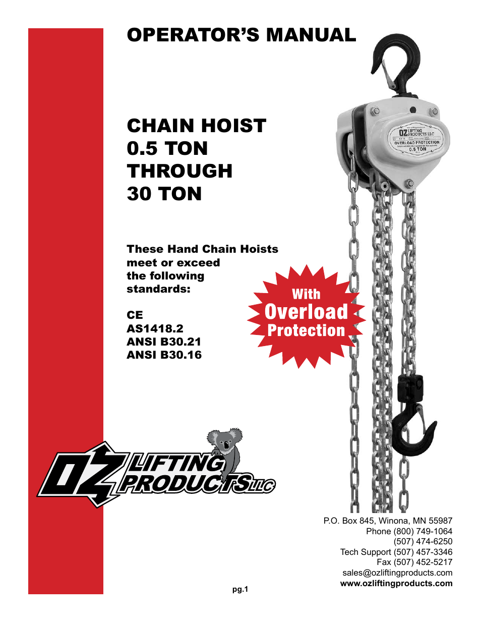 OZ Lifting Products Premium Chain Hoist OM User Manual | 20 pages