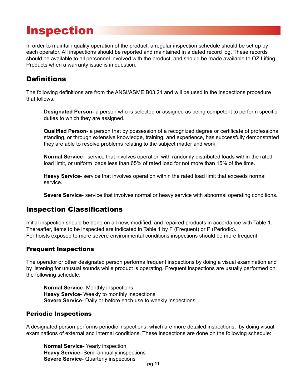 Inspection | OZ Lifting Products Premium Chain Hoist OM User Manual | Page 11 / 20