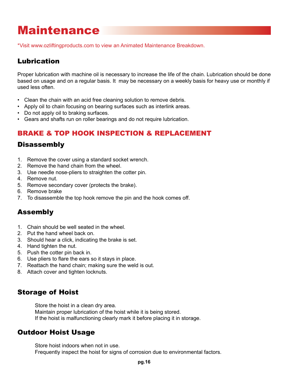 Maintenance | OZ Lifting Products Premium Chain Hoist OM User Manual | Page 16 / 20