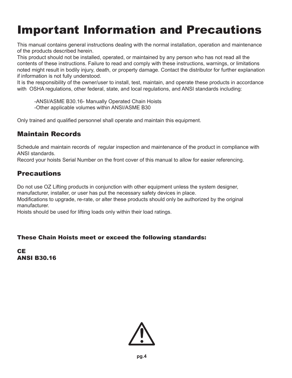 Important information and precautions | OZ Lifting Products HD OZ Economy Chain Hoist OM User Manual | Page 4 / 16