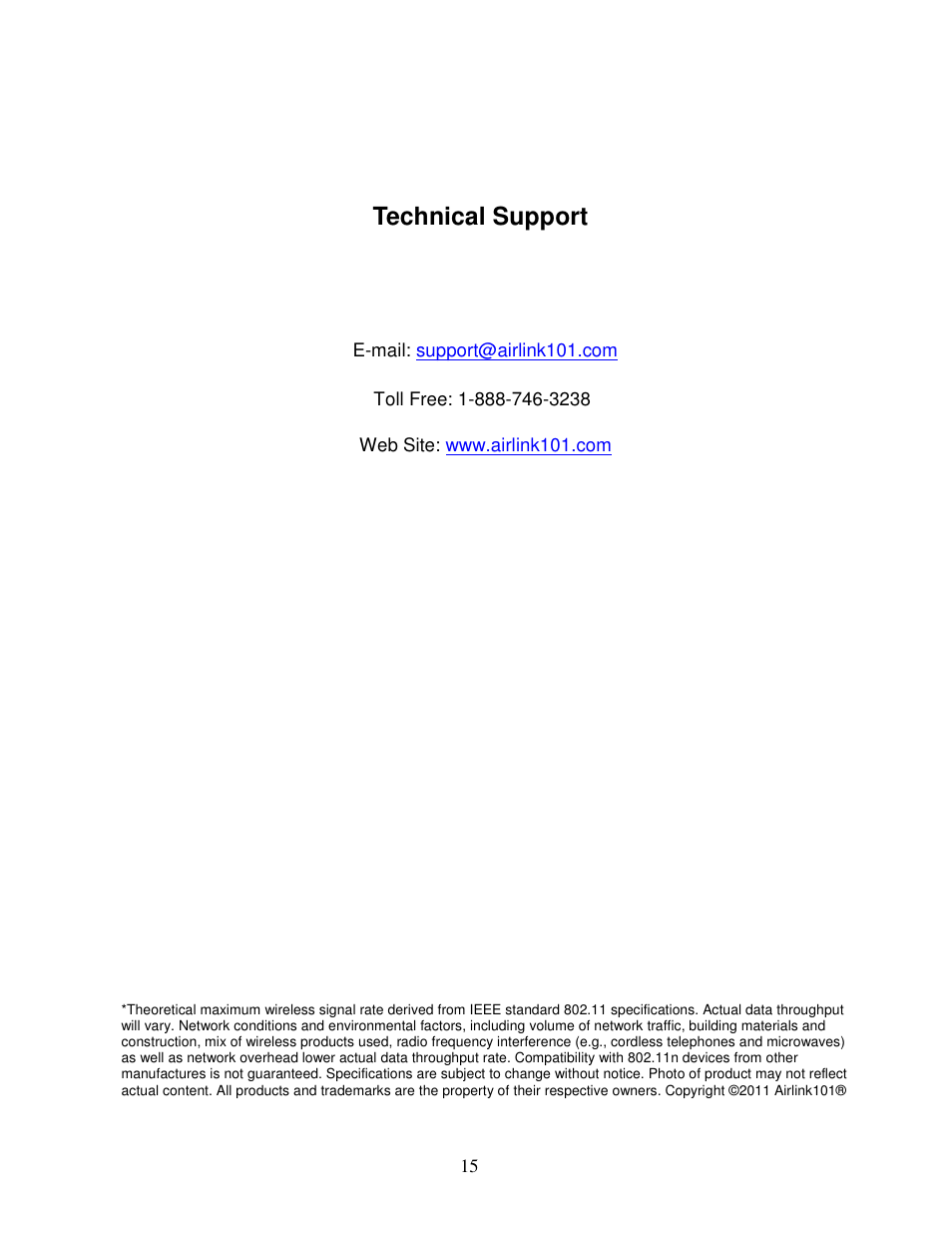 Technical support | Airlink101 AWLL5166HP User Manual | Page 15 / 15