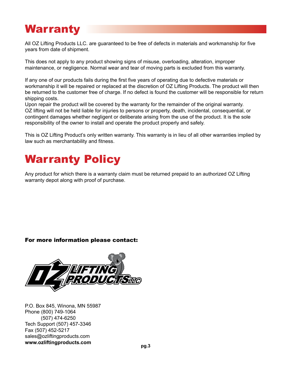 Warranty, Warranty policy | OZ Lifting Products Beam Clamp OM User Manual | Page 3 / 8