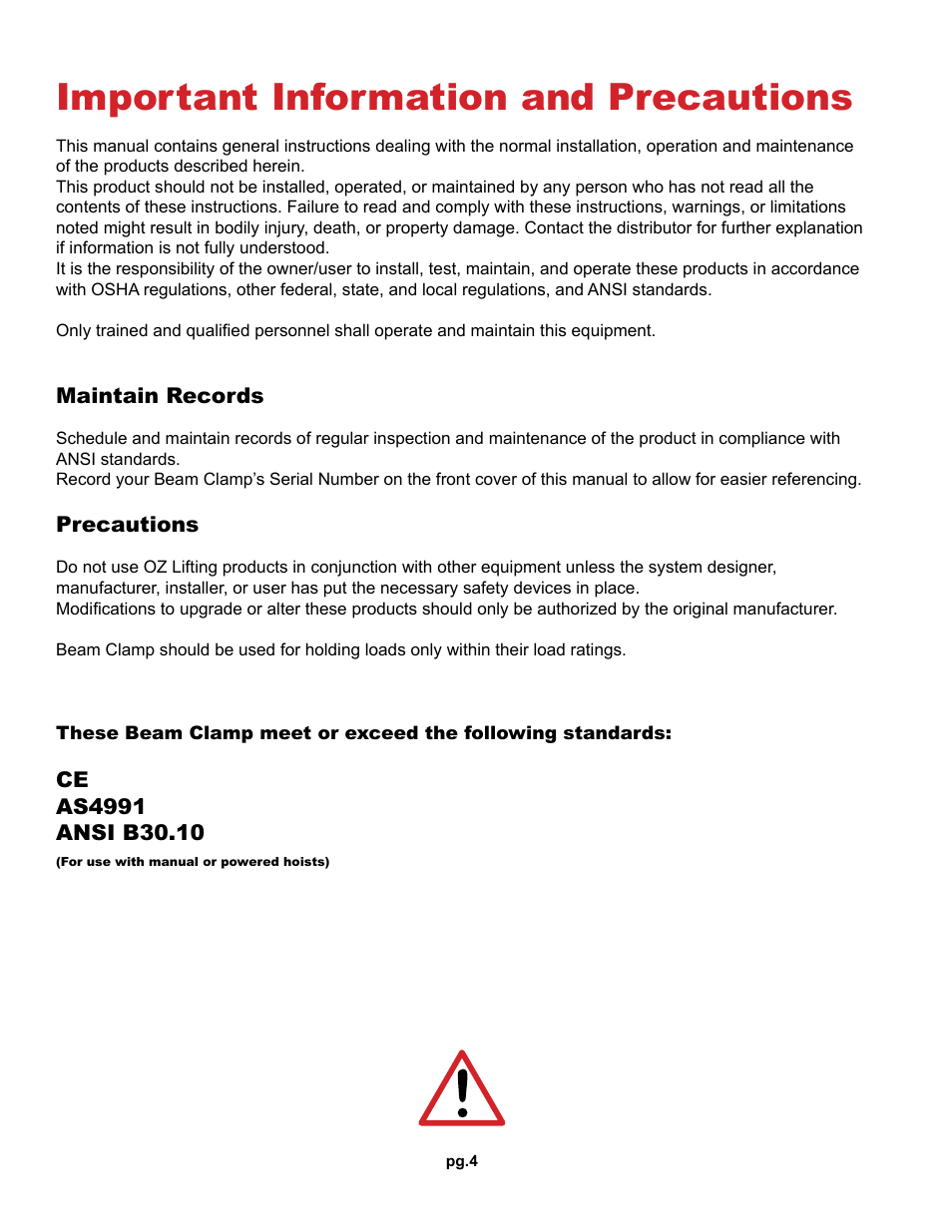 Important information and precautions | OZ Lifting Products Beam Clamp OM User Manual | Page 4 / 8