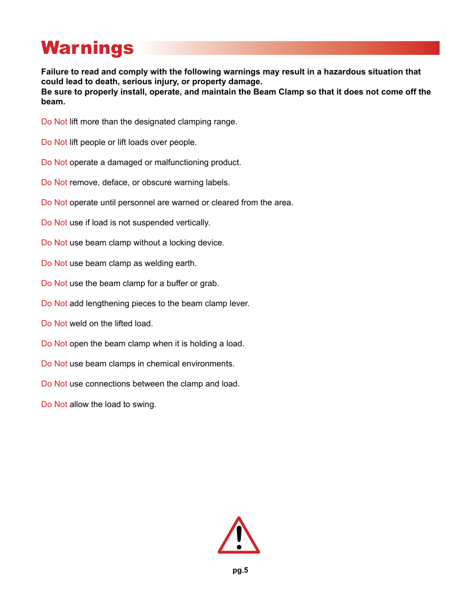 Warnings | OZ Lifting Products Beam Clamp OM User Manual | Page 5 / 8