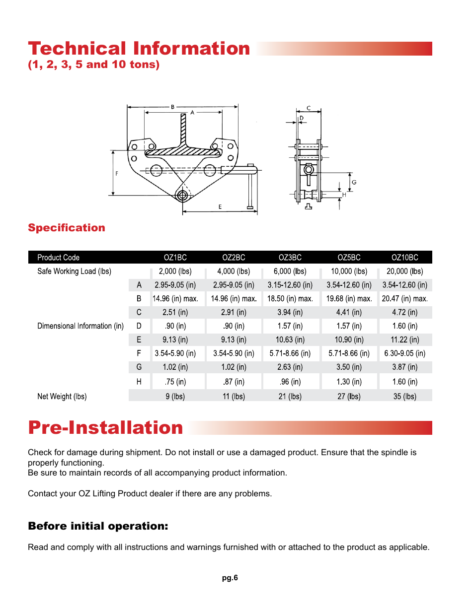 Technical information, Pre-installation | OZ Lifting Products Beam Clamp OM User Manual | Page 6 / 8