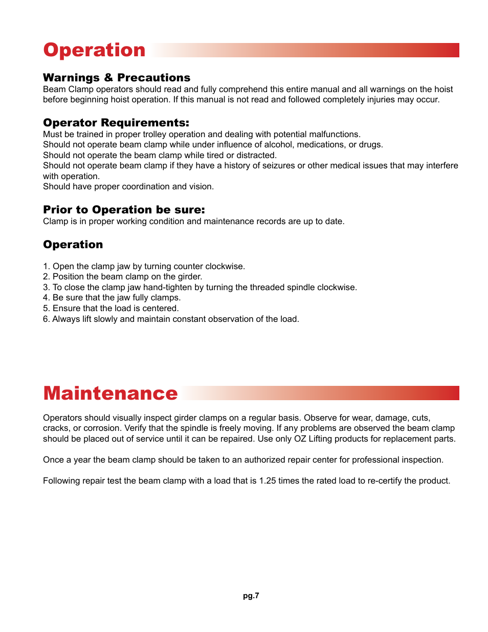 Operation, Maintenance | OZ Lifting Products Beam Clamp OM User Manual | Page 7 / 8