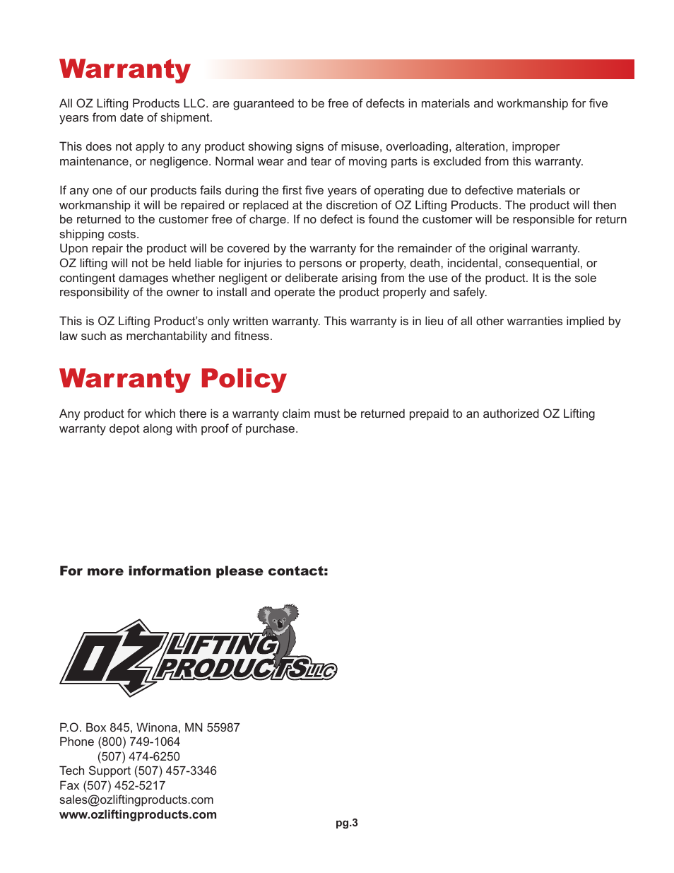 Warranty, Warranty policy | OZ Lifting Products Beam Trolleys OM User Manual | Page 3 / 8