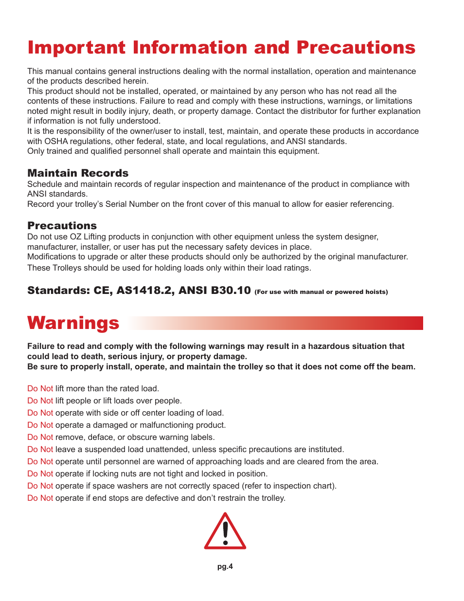 Important information and precautions, Warnings | OZ Lifting Products Beam Trolleys OM User Manual | Page 4 / 8