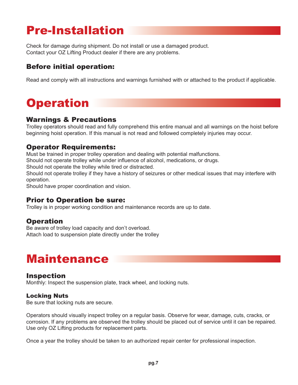 Operation, Maintenance, Pre-installation | OZ Lifting Products Beam Trolleys OM User Manual | Page 7 / 8