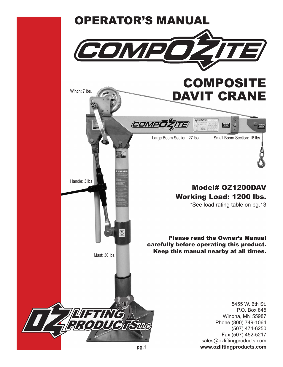 OZ Lifting Products CompOZite Davit Crane OM User Manual | 16 pages