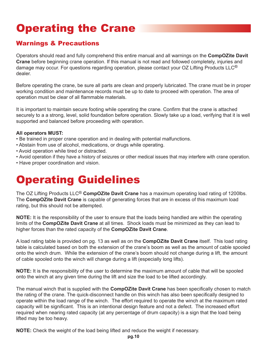 Operating the crane, Operating guidelines | OZ Lifting Products CompOZite Davit Crane OM User Manual | Page 10 / 16
