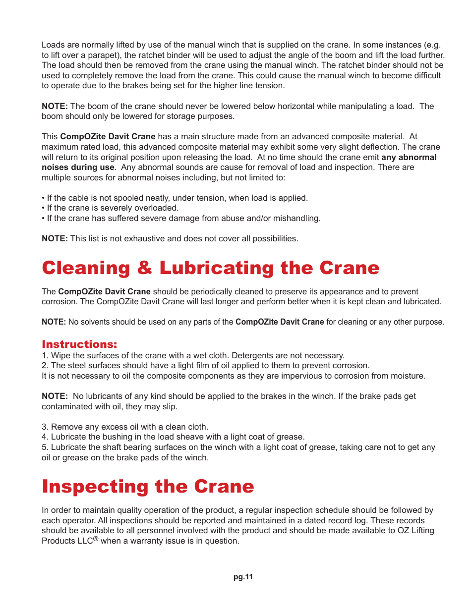 Cleaning & lubricating the crane, Inspecting the crane | OZ Lifting Products CompOZite Davit Crane OM User Manual | Page 11 / 16