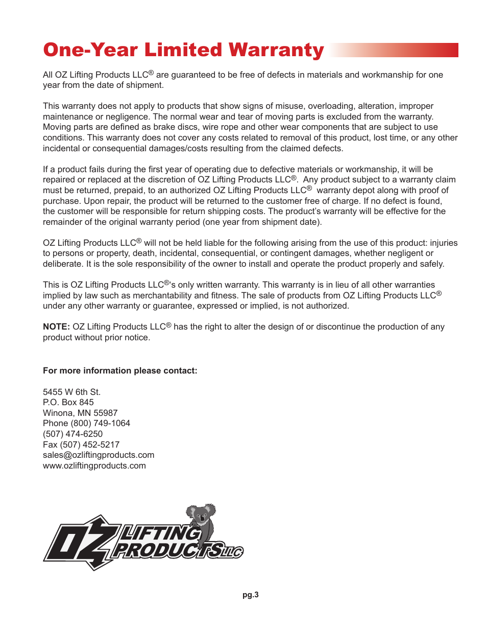 One-year limited warranty | OZ Lifting Products CompOZite Davit Crane OM User Manual | Page 3 / 16