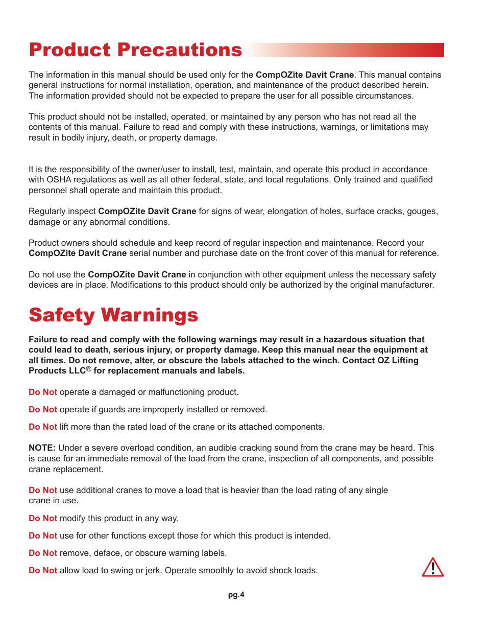 Product precautions, Safety warnings | OZ Lifting Products CompOZite Davit Crane OM User Manual | Page 4 / 16