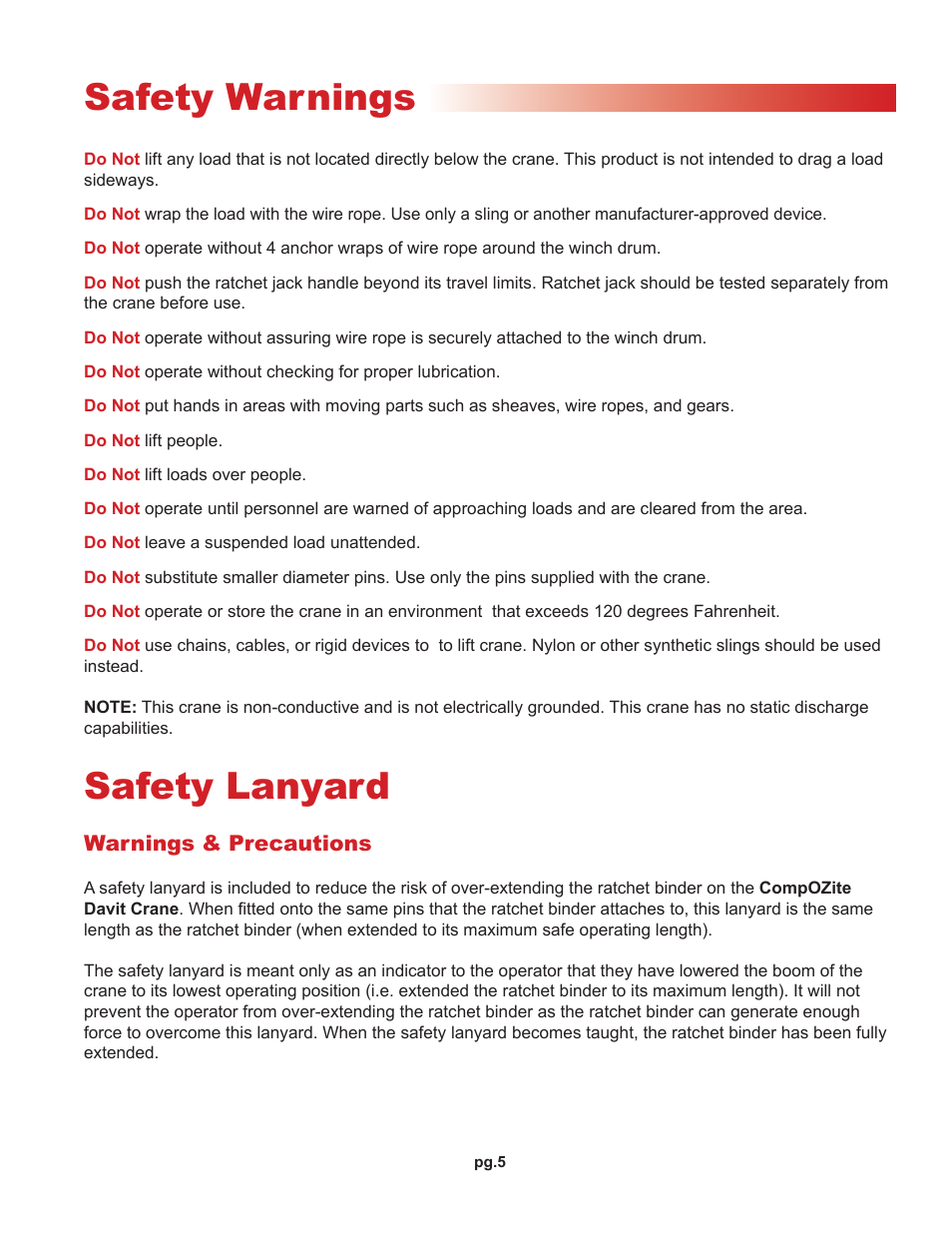 Safety warnings, Safety lanyard | OZ Lifting Products CompOZite Davit Crane OM User Manual | Page 5 / 16