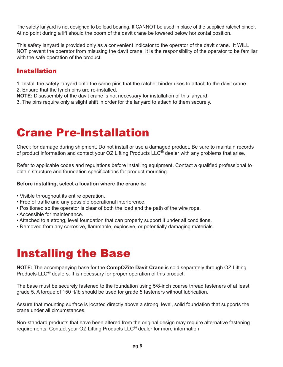 Crane pre-installation, Installing the base | OZ Lifting Products CompOZite Davit Crane OM User Manual | Page 6 / 16