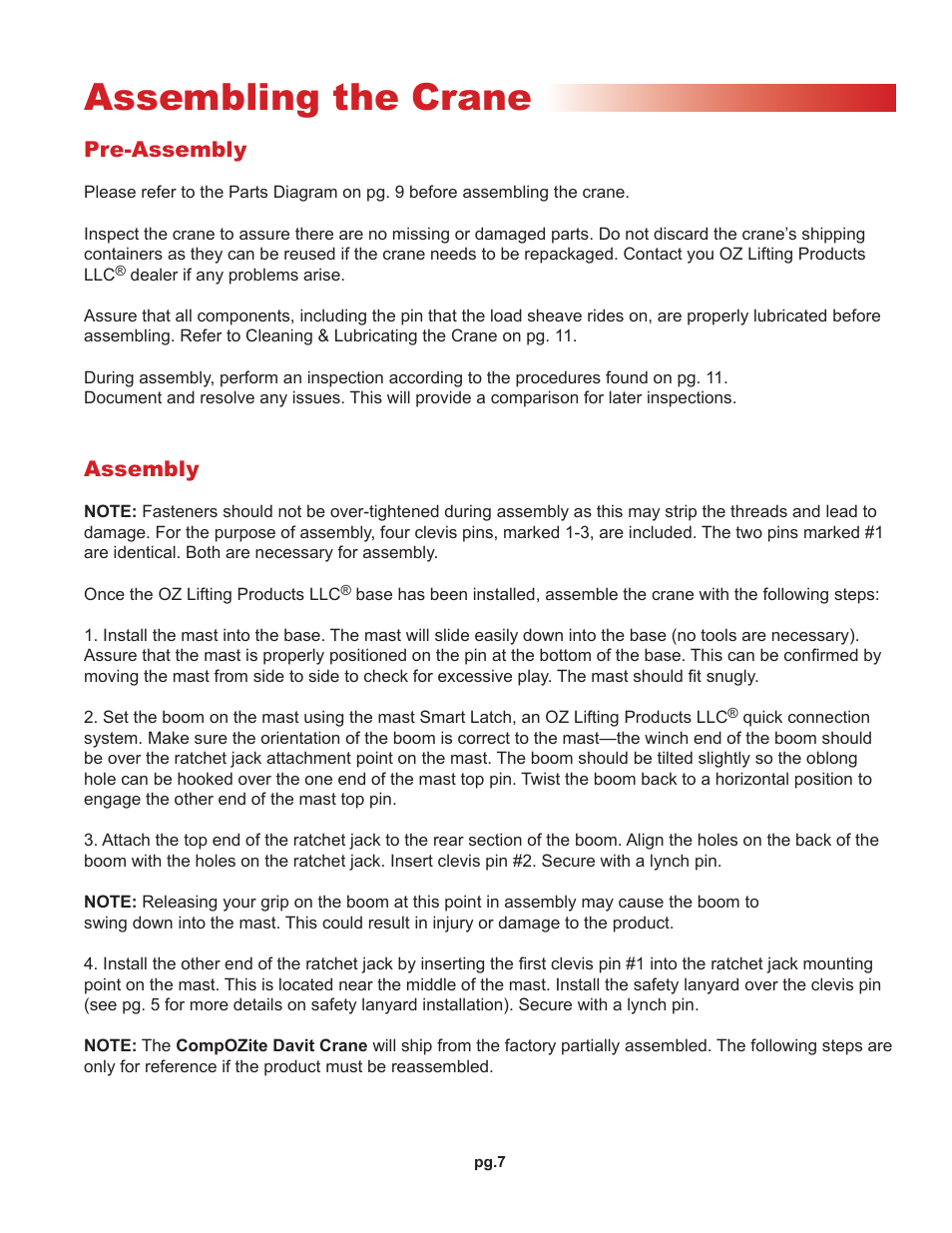 Assembling the crane, Pre-assembly, Assembly | OZ Lifting Products CompOZite Davit Crane OM User Manual | Page 7 / 16