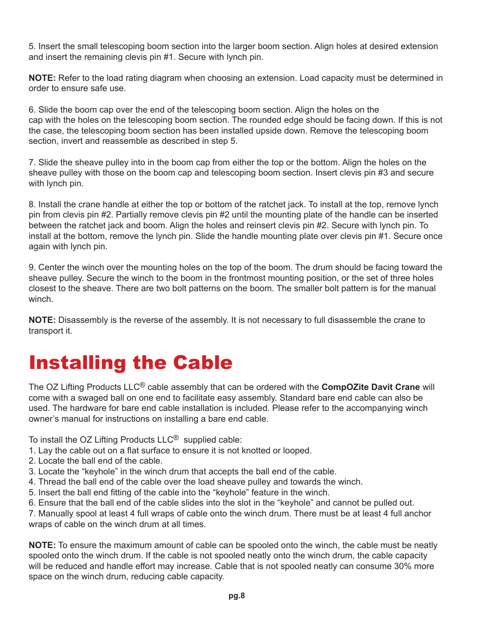 Installing the cable | OZ Lifting Products CompOZite Davit Crane OM User Manual | Page 8 / 16