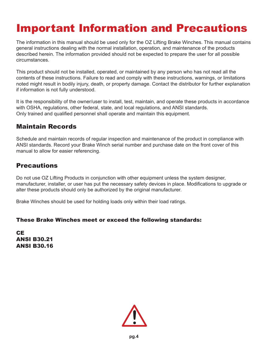 Important information and precautions | OZ Lifting Products Brake Winch OM User Manual | Page 4 / 16