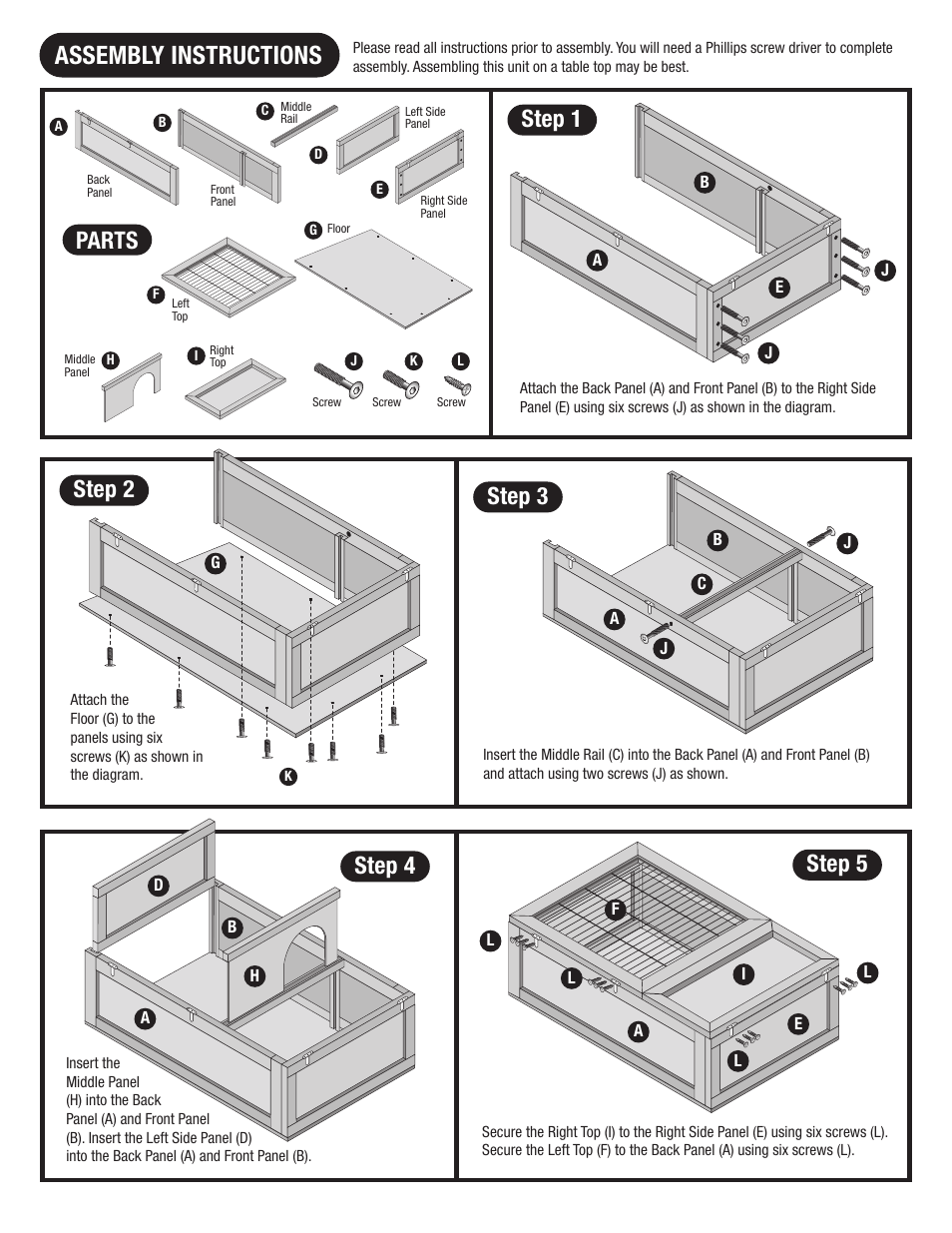 Assembly instructions, Step 2 step 3 step 4 step 5, Step 1 | Parts | Zoo Med TTH-1_Tortoise_House User Manual | Page 2 / 2