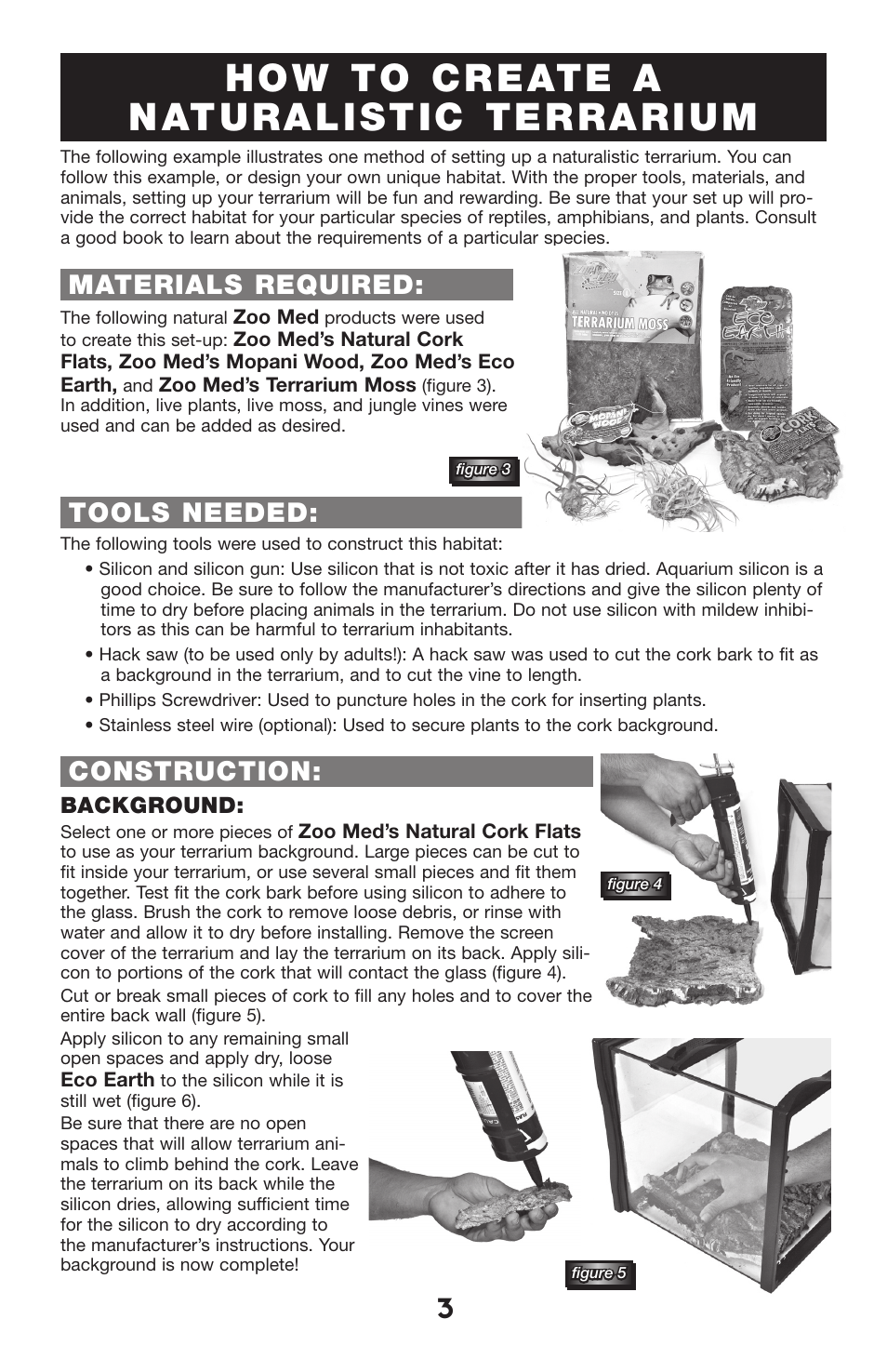 How to create a naturalistic terrarium, Materials required, Tools needed | Construction, Background | Zoo Med NT-1-4_Naturalistic_Terrariums User Manual | Page 3 / 4