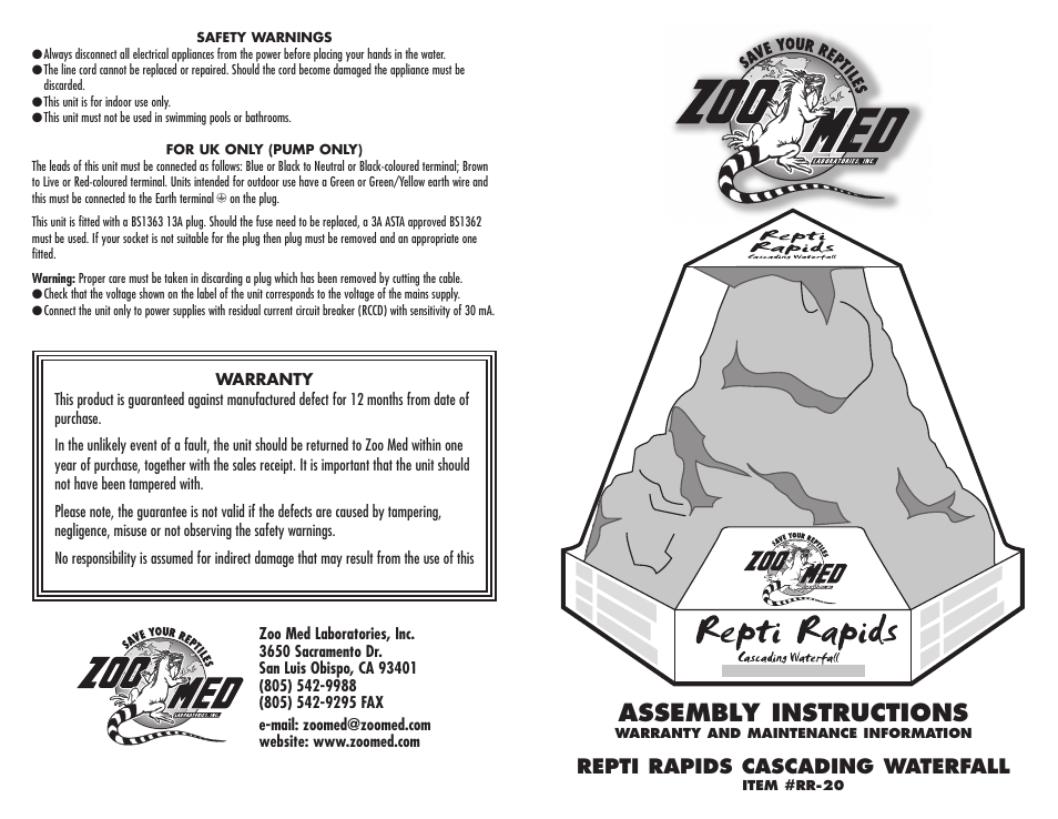 Assembly instructions, Repti rapids cascading waterfall | Zoo Med Repti Rapids LED Waterfall - Medium Rock User Manual | Page 2 / 2