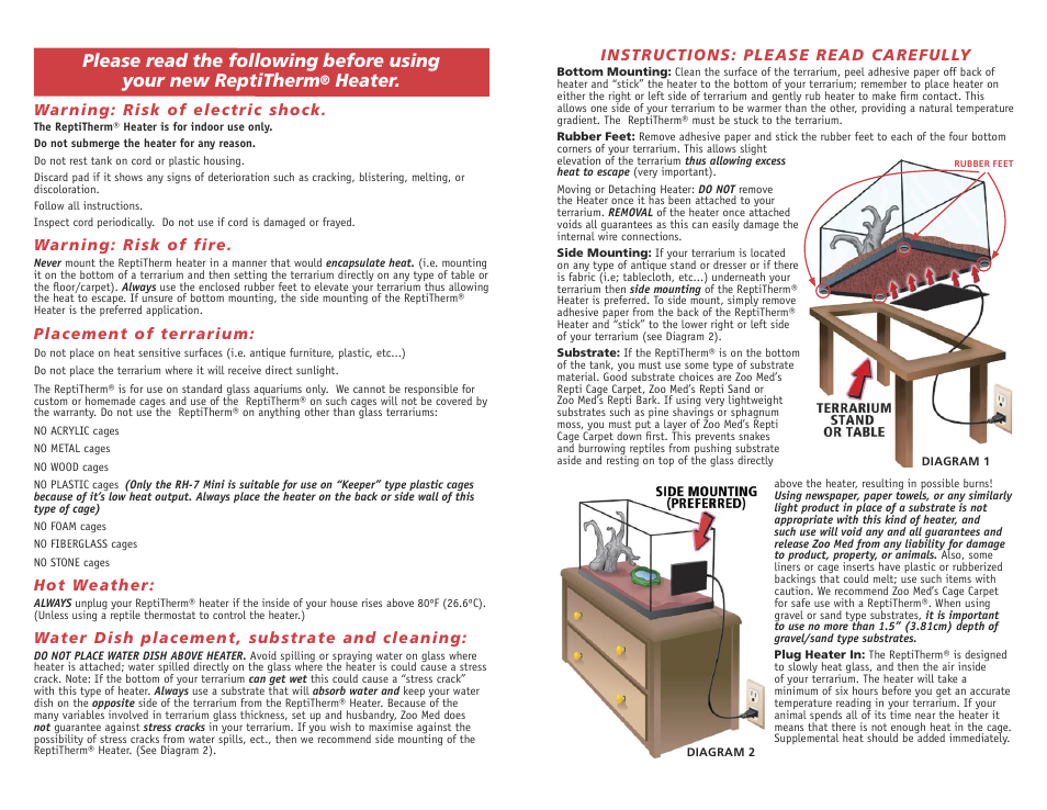 Heater, Warning: risk of electric shock, Warning: risk of fire | Placement of terrarium, Hot weather, Water dish placement, substrate and cleaning, Instructions: please read carefully | Zoo Med ReptiThermUTH User Manual | Page 2 / 2