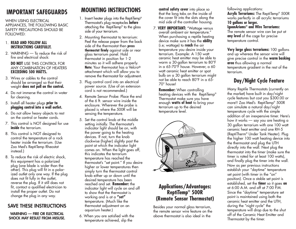 Important safeguards, Mounting instructions, Applications/advantages: reptitemp | 500r (remote sensor thermostat), Day/night cycle feature | Zoo Med thermostat500r User Manual | Page 2 / 2