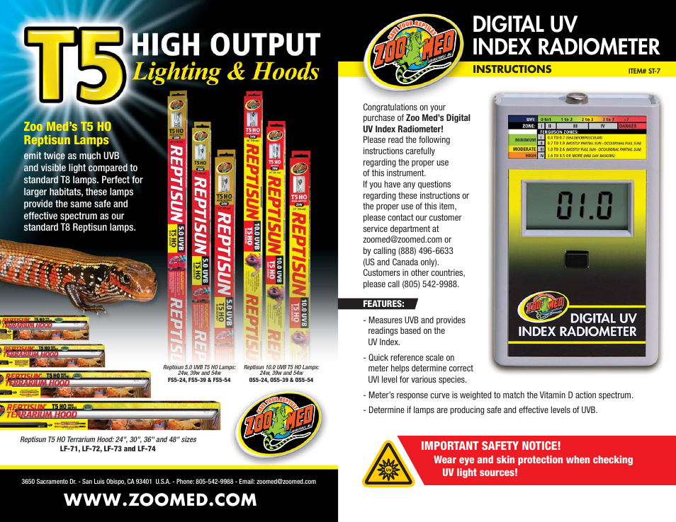 Digital uv index radiometer, Zoo med’s t5 ho reptisun lamps | Zoo Med Digital UV Index Radiometer User Manual | Page 8 / 8