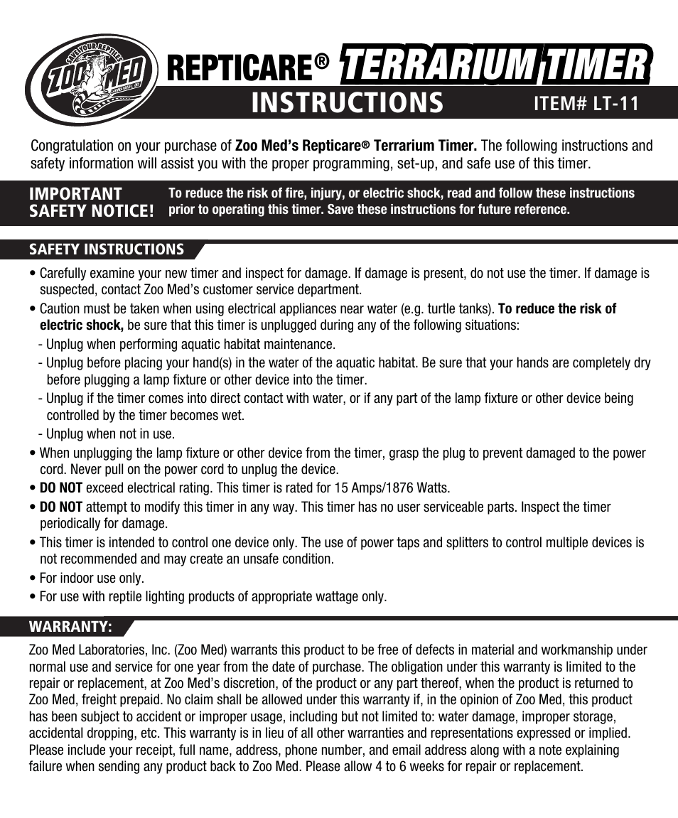 Zoo Med Terrarium Timer LT11 User Manual | 2 pages