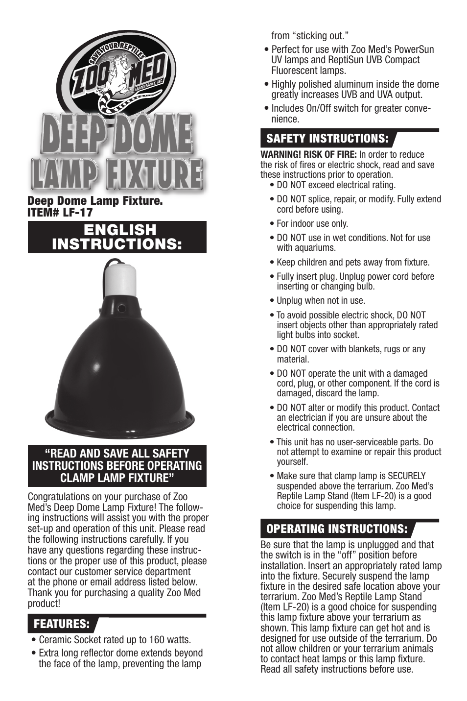 Zoo Med Deep Dome Lamp Fixture User Manual | 2 pages