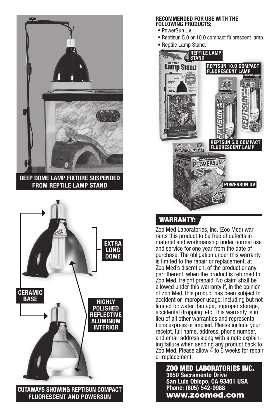 Warranty, Zoo med laboratories inc | Zoo Med Deep Dome Lamp Fixture User Manual | Page 2 / 2