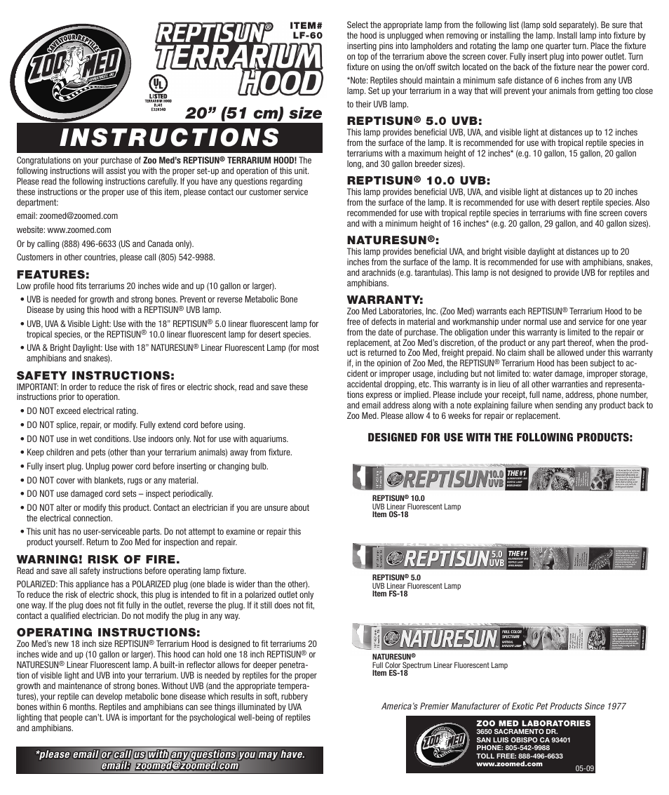 Zoo Med ReptiSun Terrarium Hood User Manual | 1 page