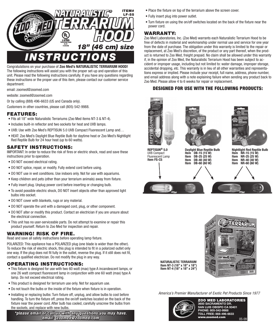 Zoo Med Naturalistic Terrarium® Hood 18 User Manual | 1 page