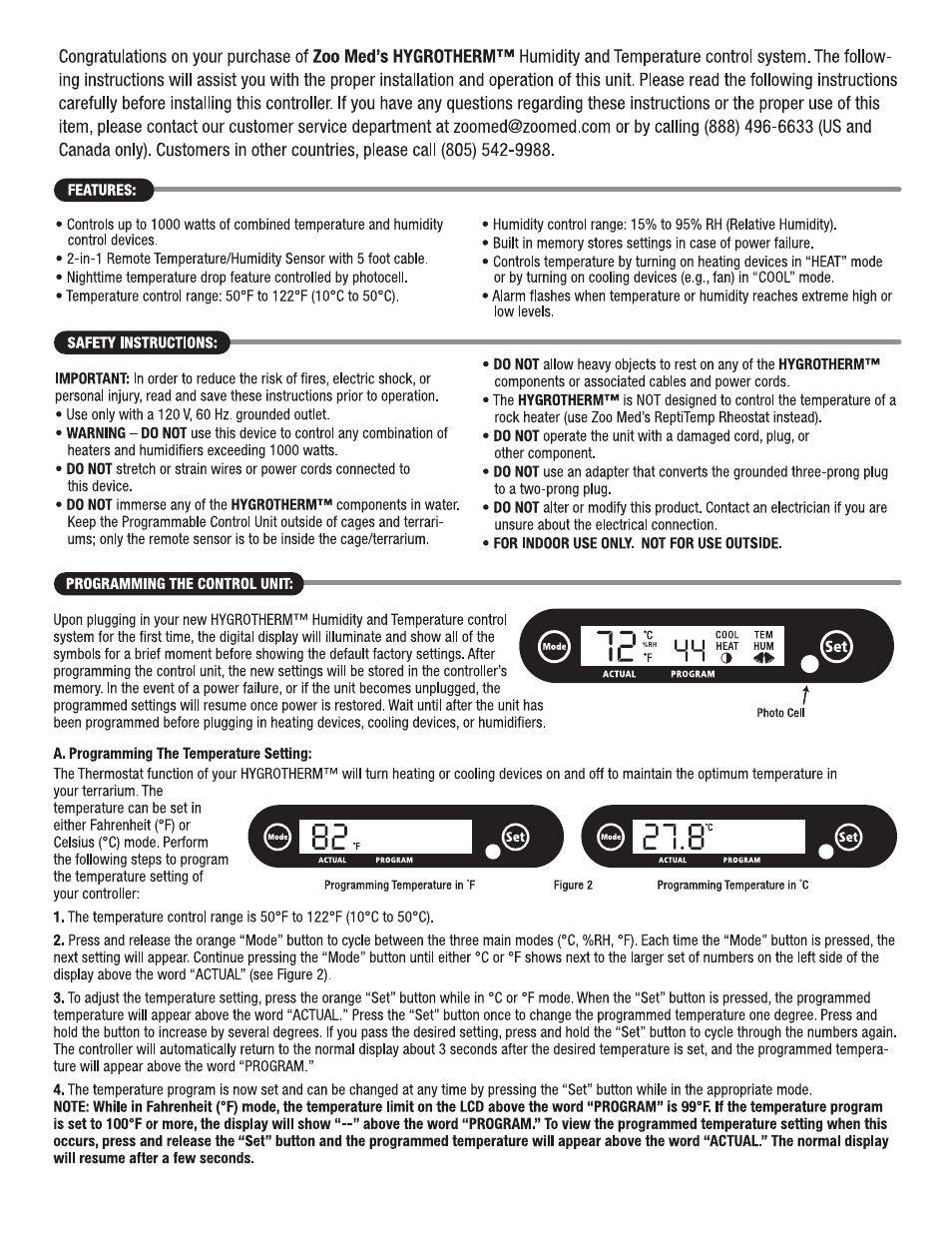 Zoo Med HygroTherm™ Humidity & Temperature Controller User Manual | Page 2 / 4