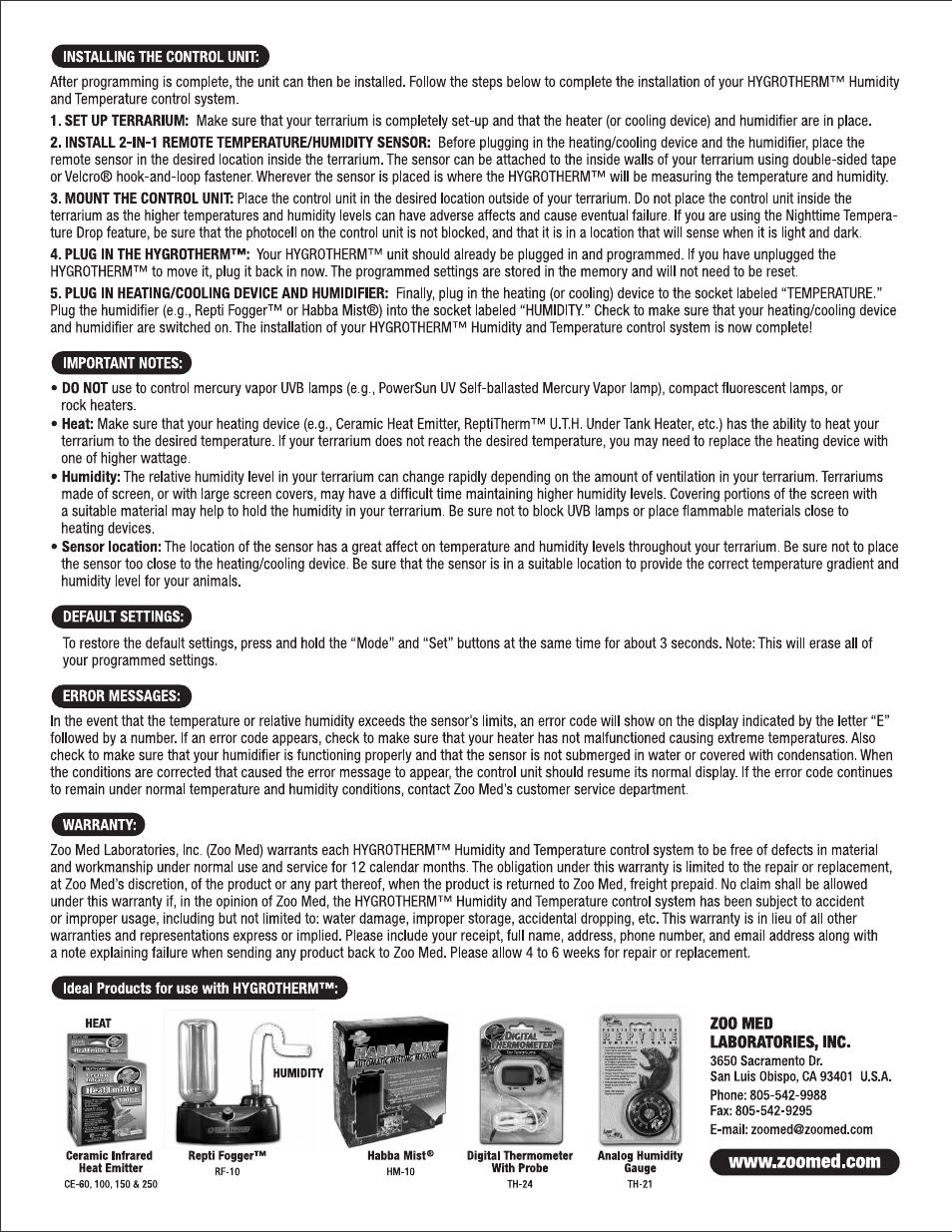 Zoo Med HygroTherm™ Humidity & Temperature Controller User Manual | Page 4 / 4