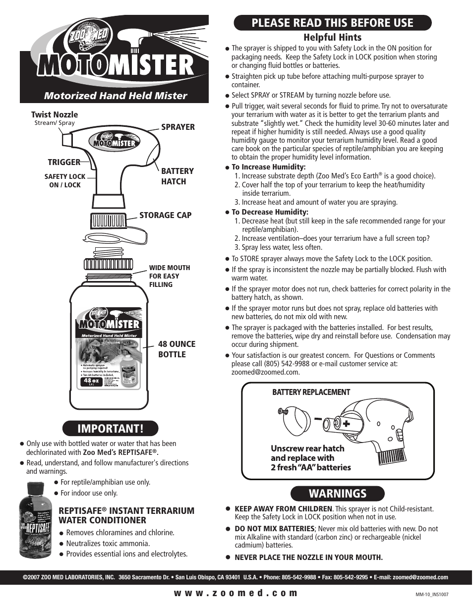 Zoo Med MotoMister™ Motorized Hand Held Mister User Manual | 1 page