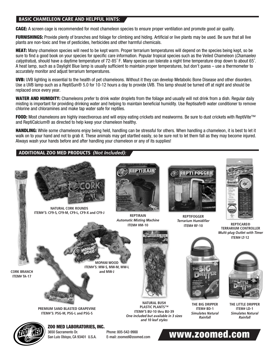 Zoo med laboratories, inc, Basic chameleon care and helpful hints | Zoo Med ReptiBreeze® Chameleon Kit User Manual | Page 2 / 2