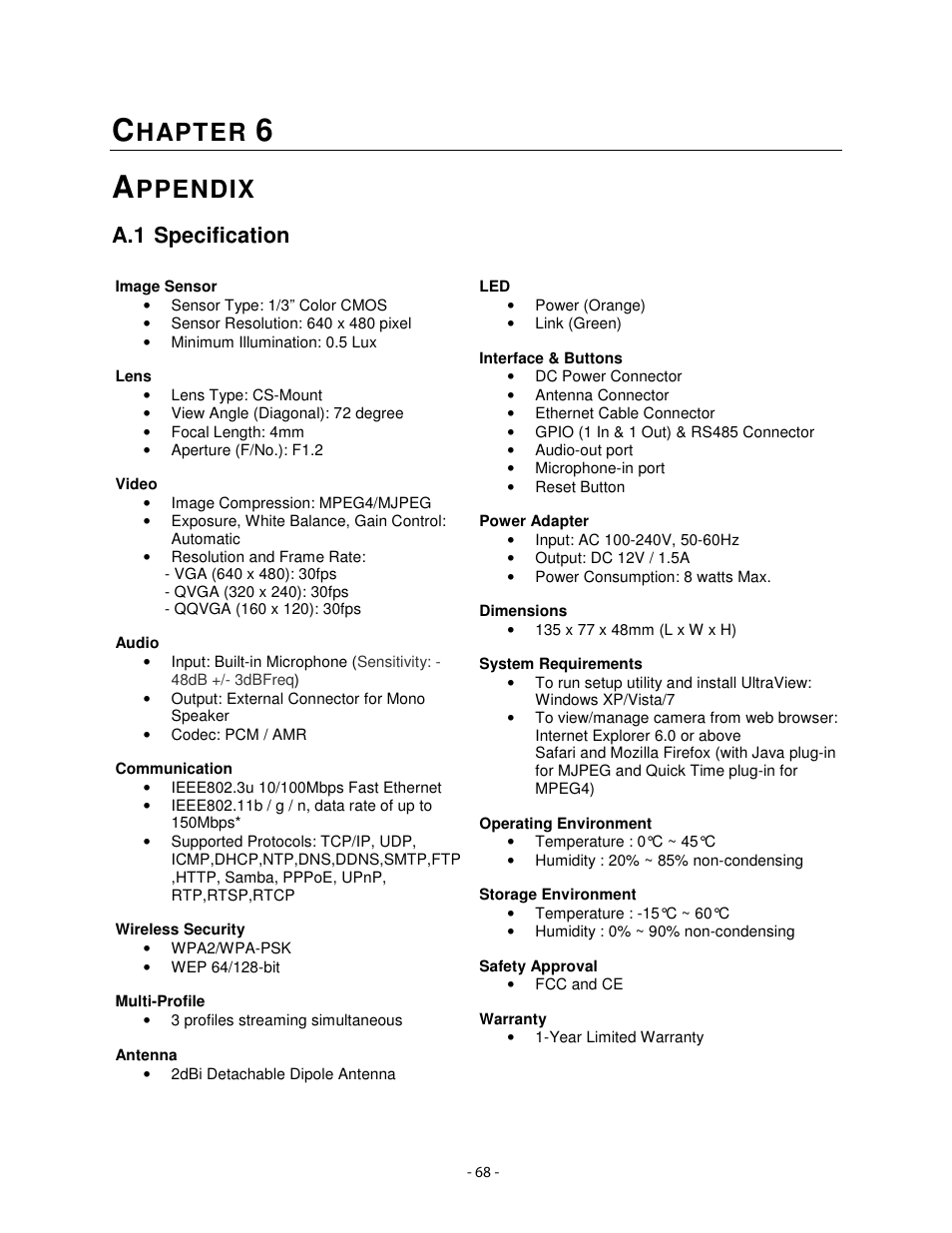 Hapter, Ppendix, A.1 specification | Airlink101 AIC1620W User Manual | Page 69 / 76