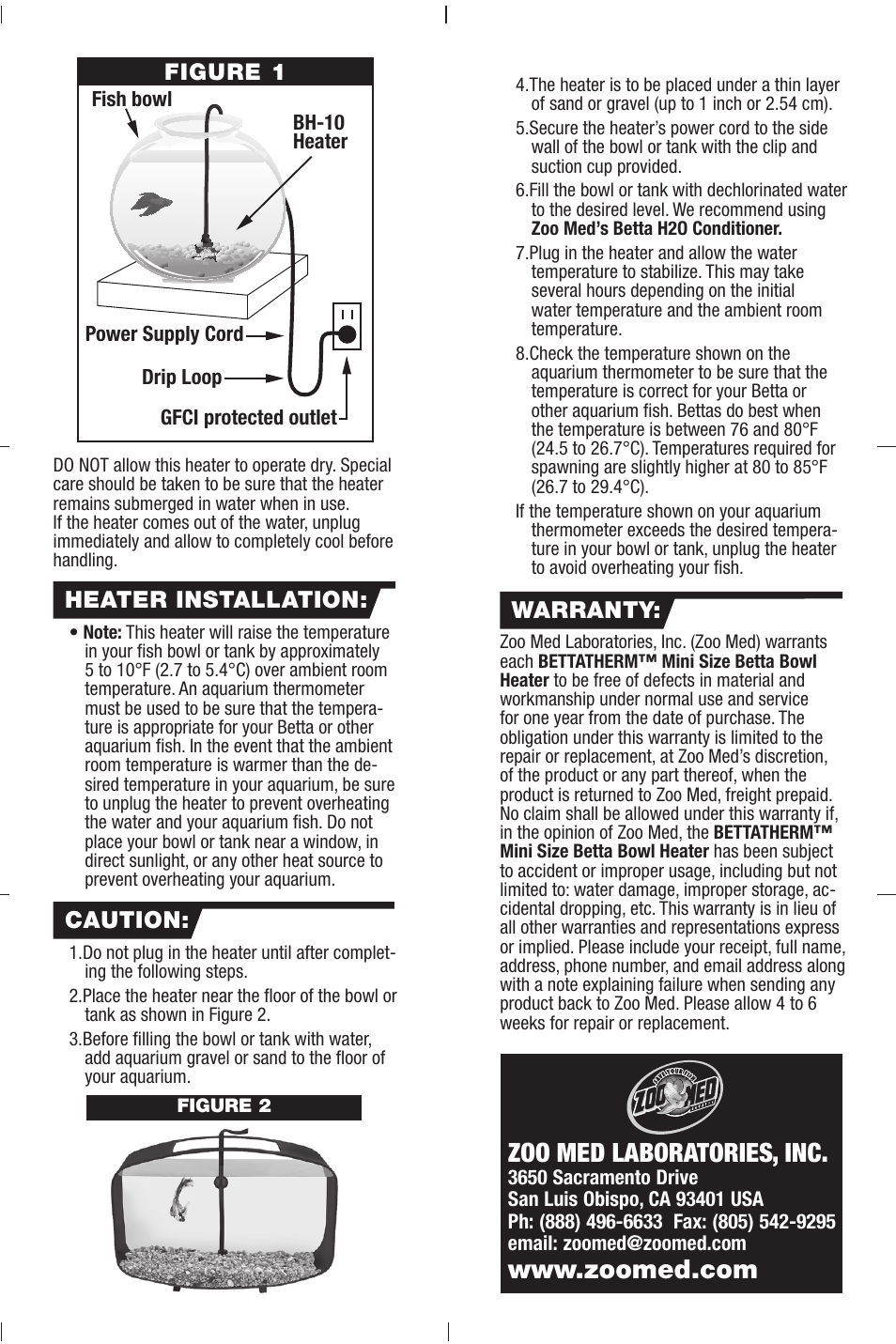 Zoo med laboratories, inc, Heater installation, Caution | Warranty | Zoo Med BETTATHERM™ Mini Size Betta Bowl Heater User Manual | Page 2 / 2