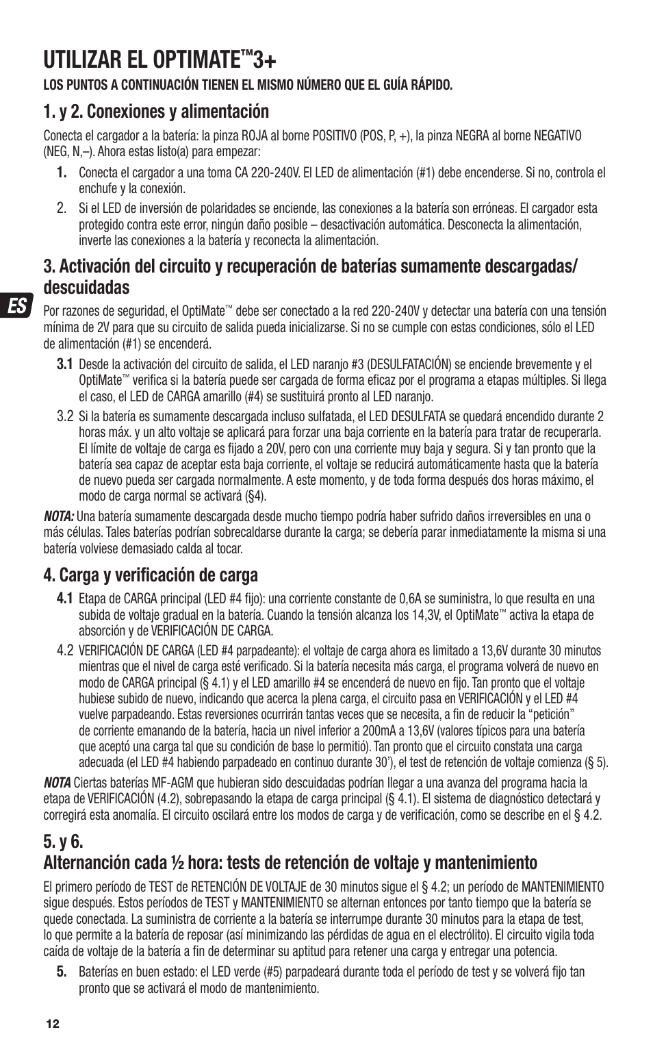 Utilizar el optimate, Y 2. conexiones y alimentación, Carga y veriﬁ cación de carga | TecMate Optimate3+ User Manual | Page 12 / 36