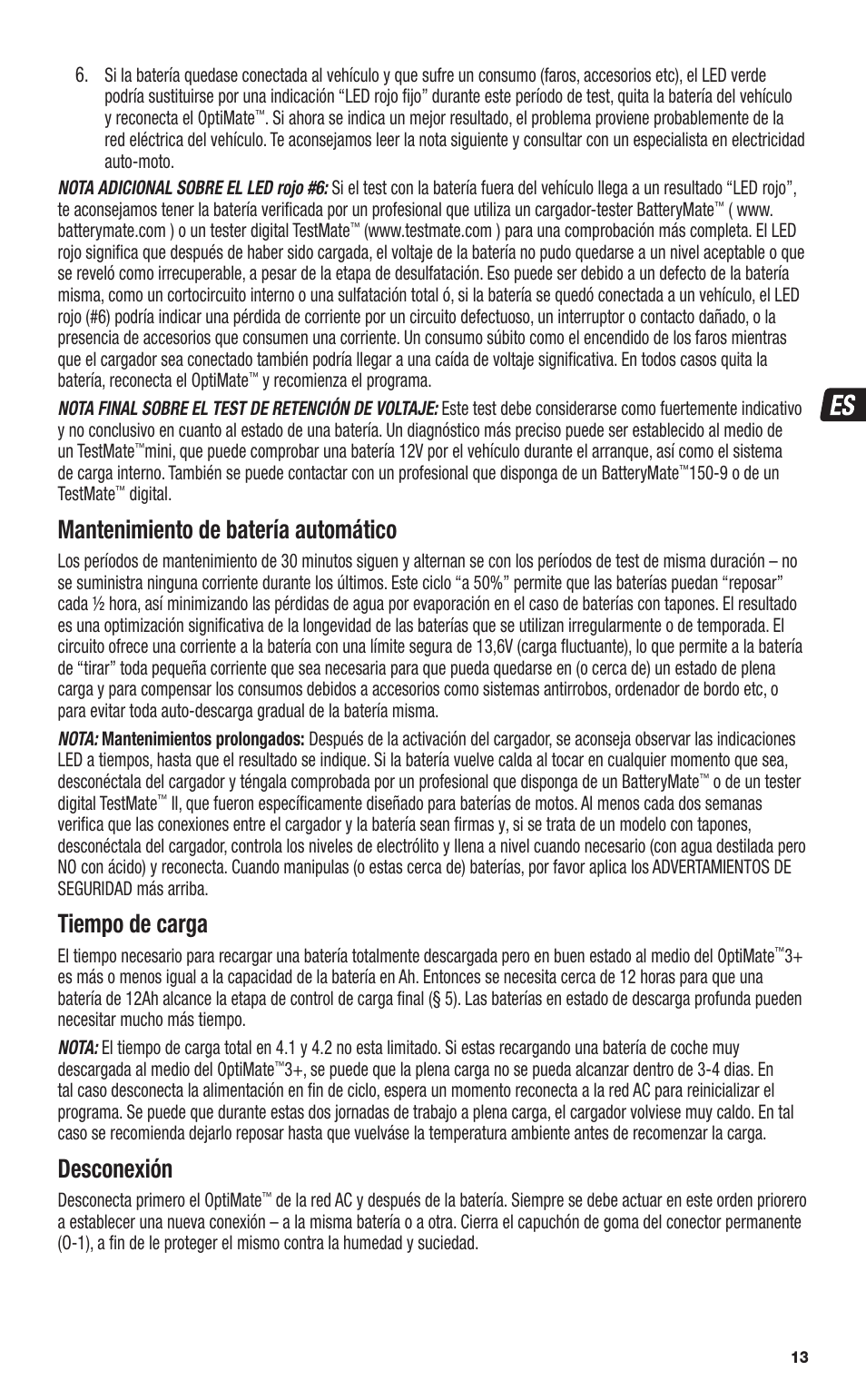 Mantenimiento de batería automático, Tiempo de carga, Desconexión | TecMate Optimate3+ User Manual | Page 13 / 36