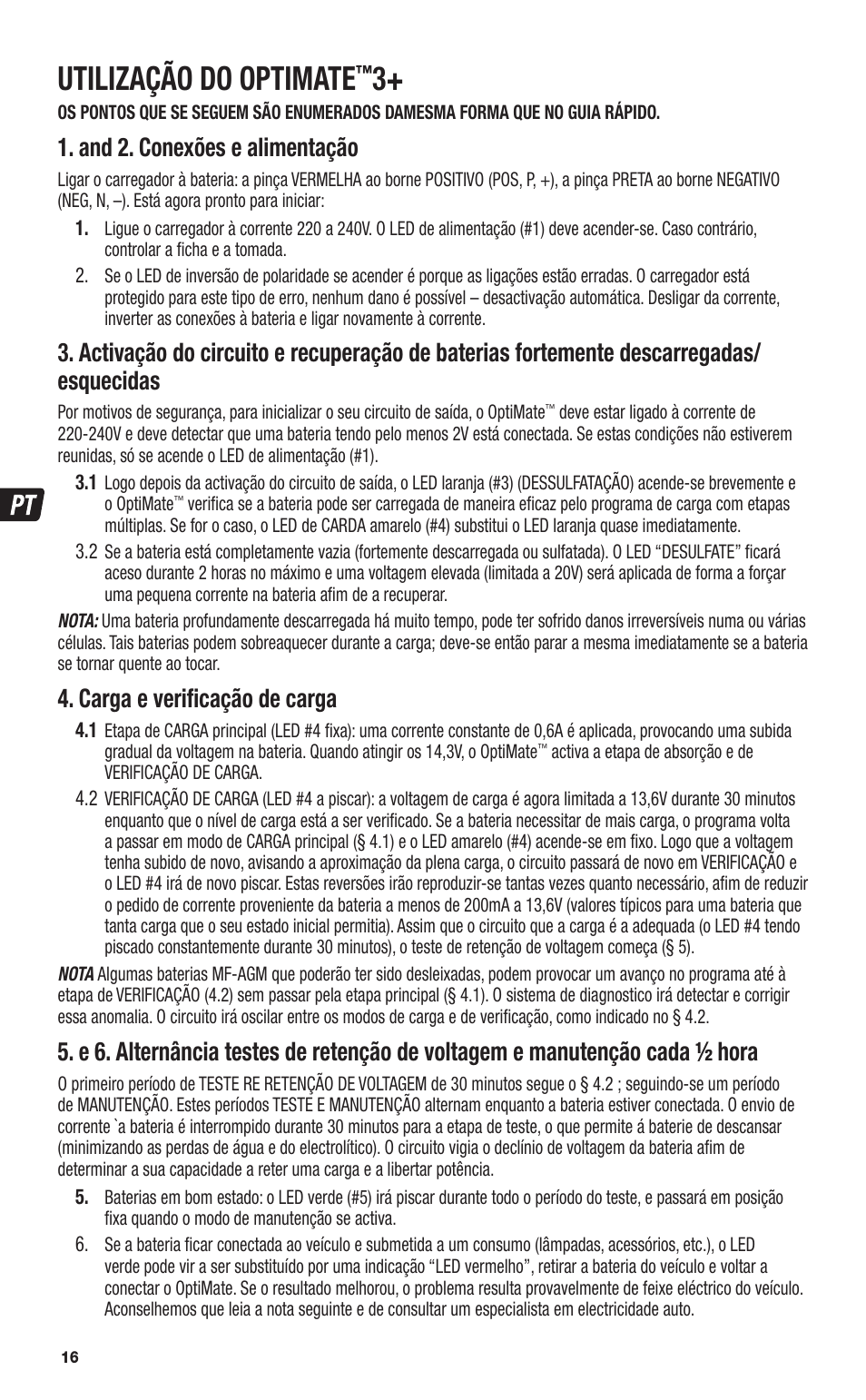 Utilização do optimate, And 2. conexões e alimentação, Carga e veriﬁ cação de carga | TecMate Optimate3+ User Manual | Page 16 / 36