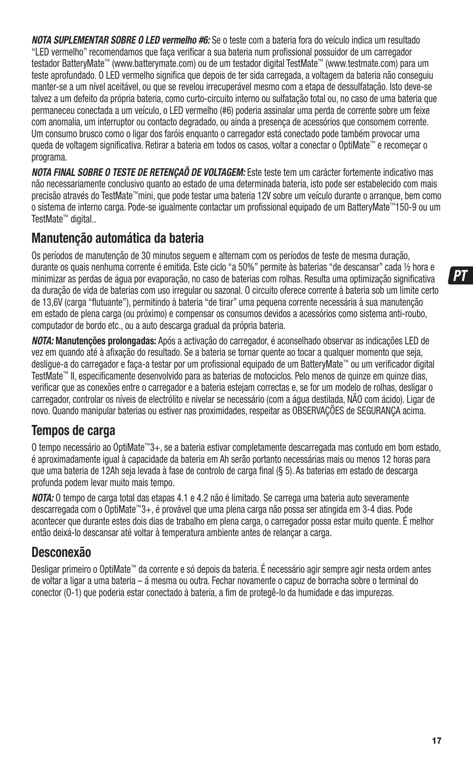 Manutenção automática da bateria, Tempos de carga, Desconexão | TecMate Optimate3+ User Manual | Page 17 / 36