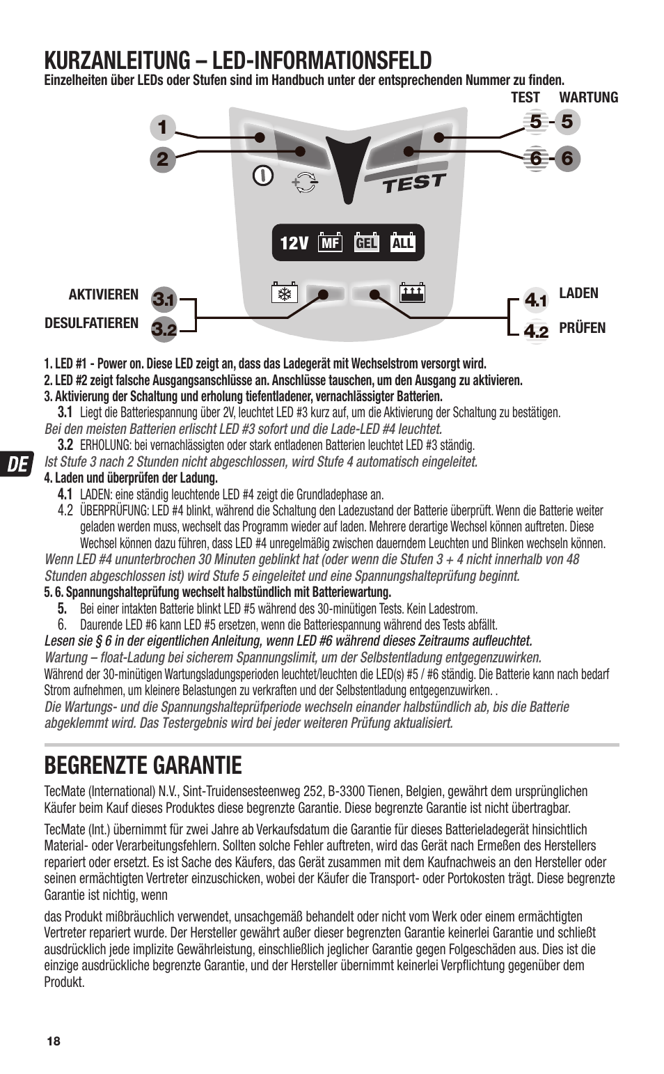 Kurzanleitung – led-informationsfeld, Begrenzte garantie | TecMate Optimate3+ User Manual | Page 18 / 36