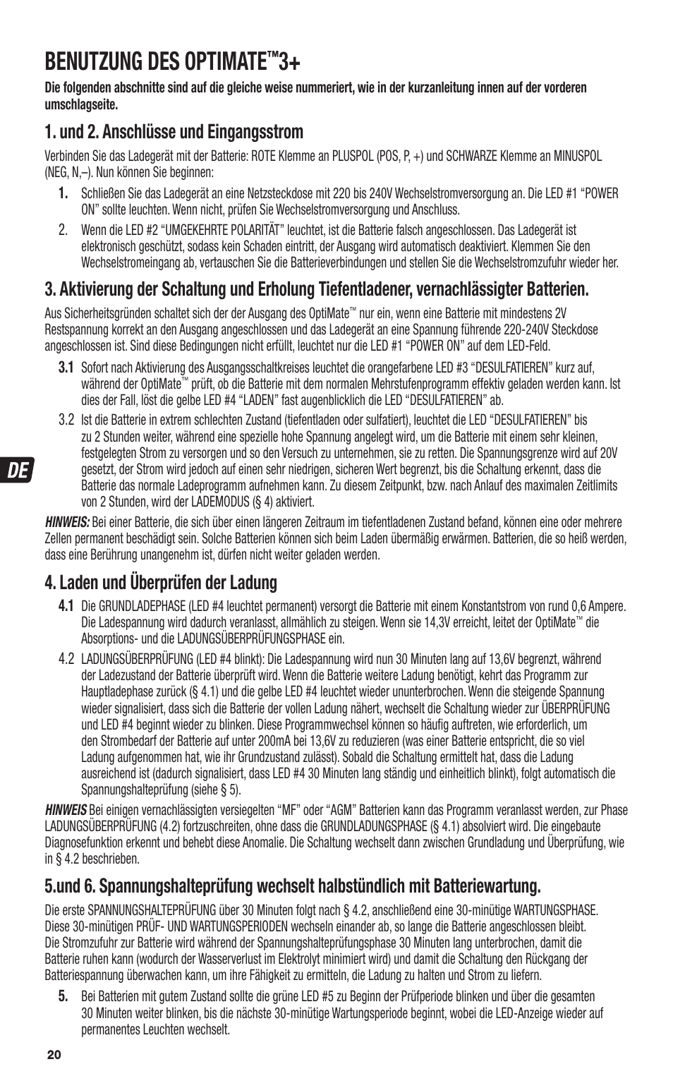 Benutzung des optimate, Und 2. anschlüsse und eingangsstrom, Laden und überprüfen der ladung | TecMate Optimate3+ User Manual | Page 20 / 36