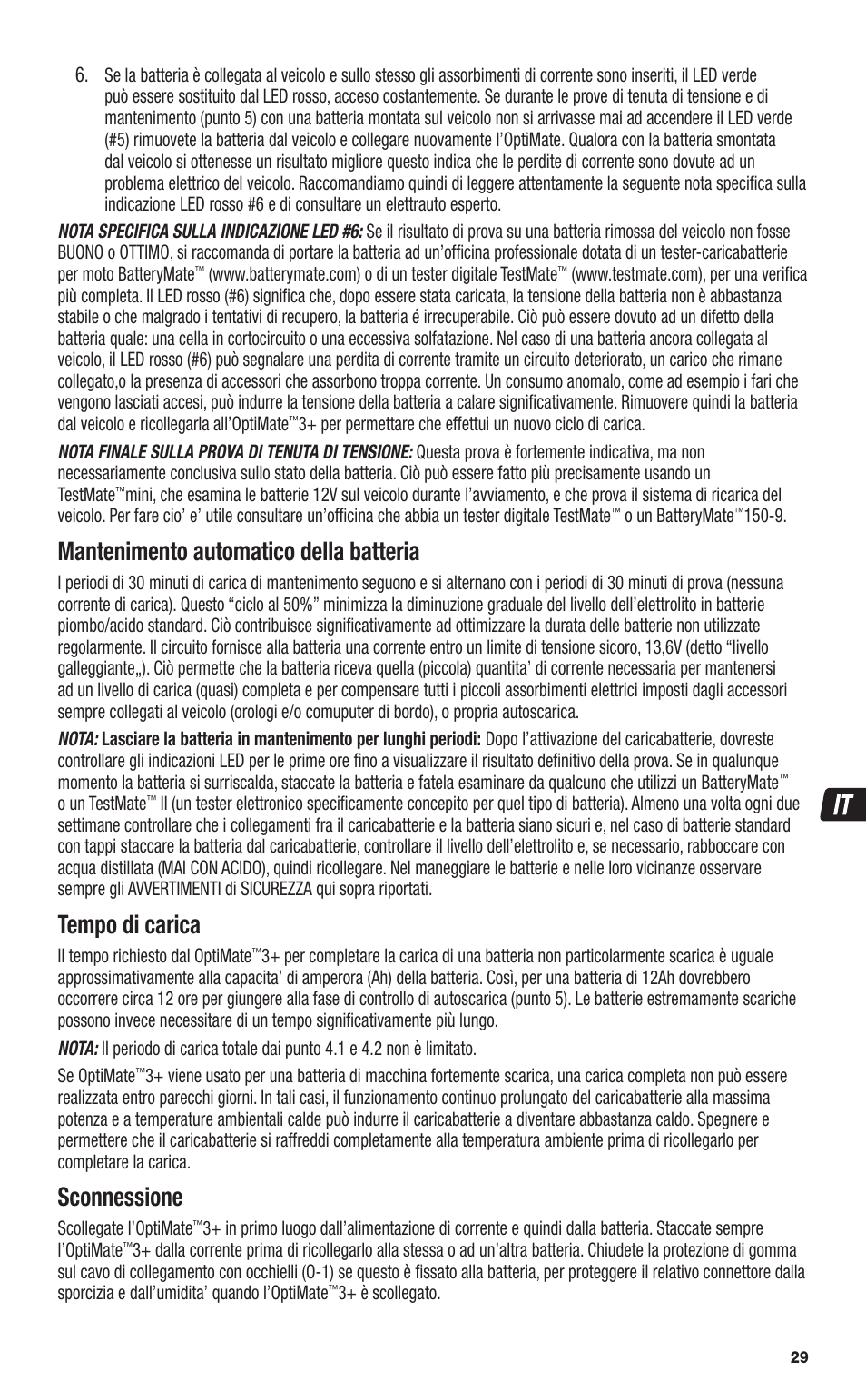 Mantenimento automatico della batteria, Tempo di carica, Sconnessione | TecMate Optimate3+ User Manual | Page 29 / 36