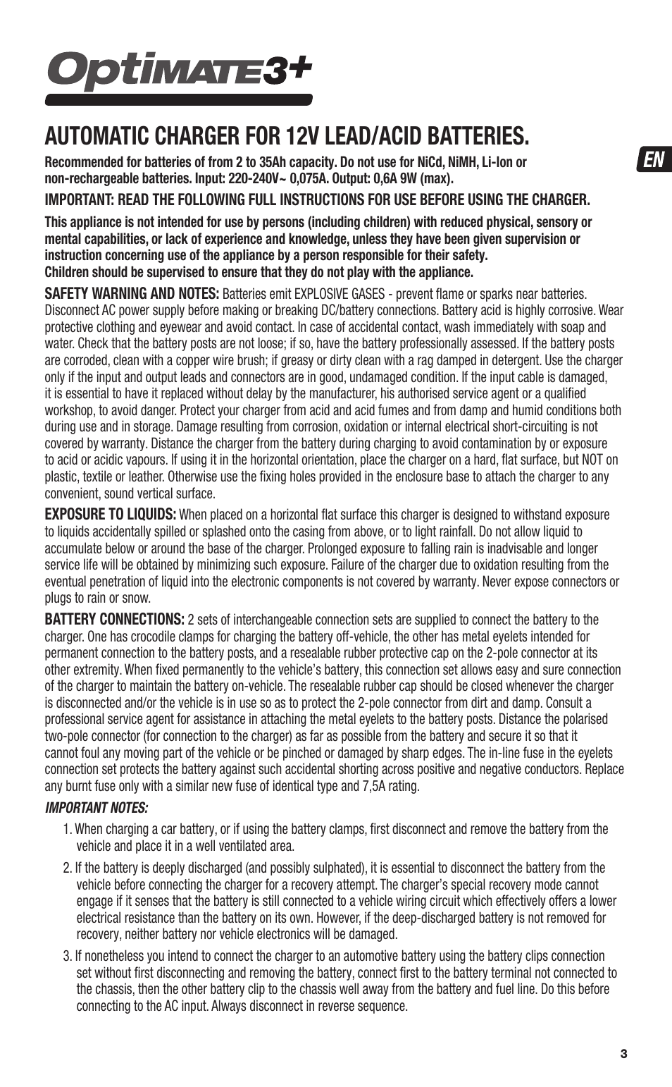 Automatic charger for 12v lead/acid batteries | TecMate Optimate3+ User Manual | Page 3 / 36