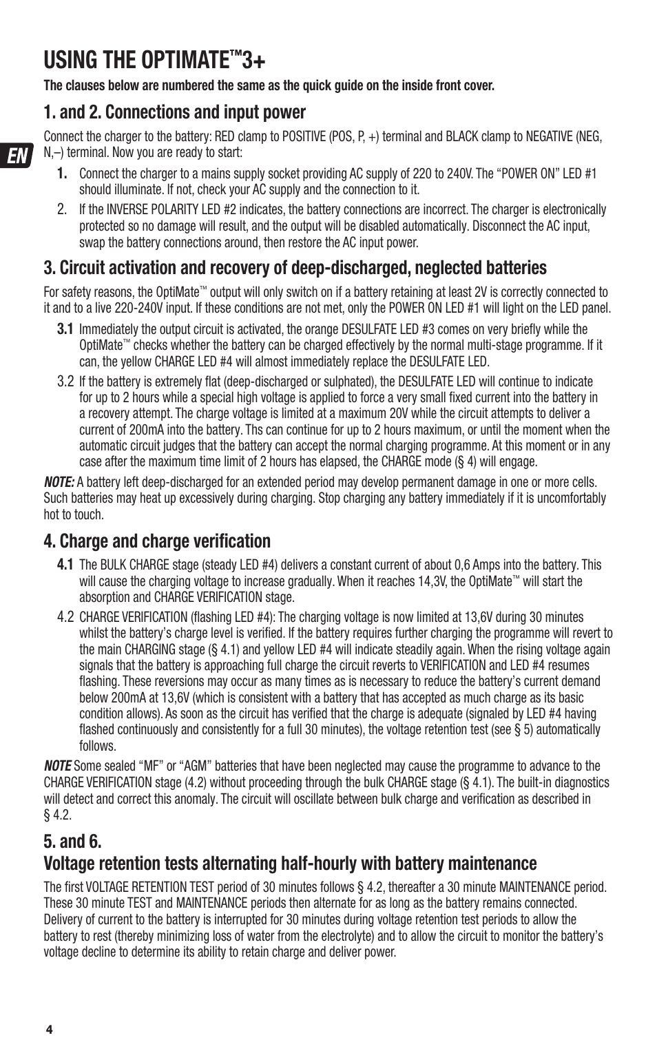 Using the optimate, And 2. connections and input power, Charge and charge veriﬁ cation | TecMate Optimate3+ User Manual | Page 4 / 36